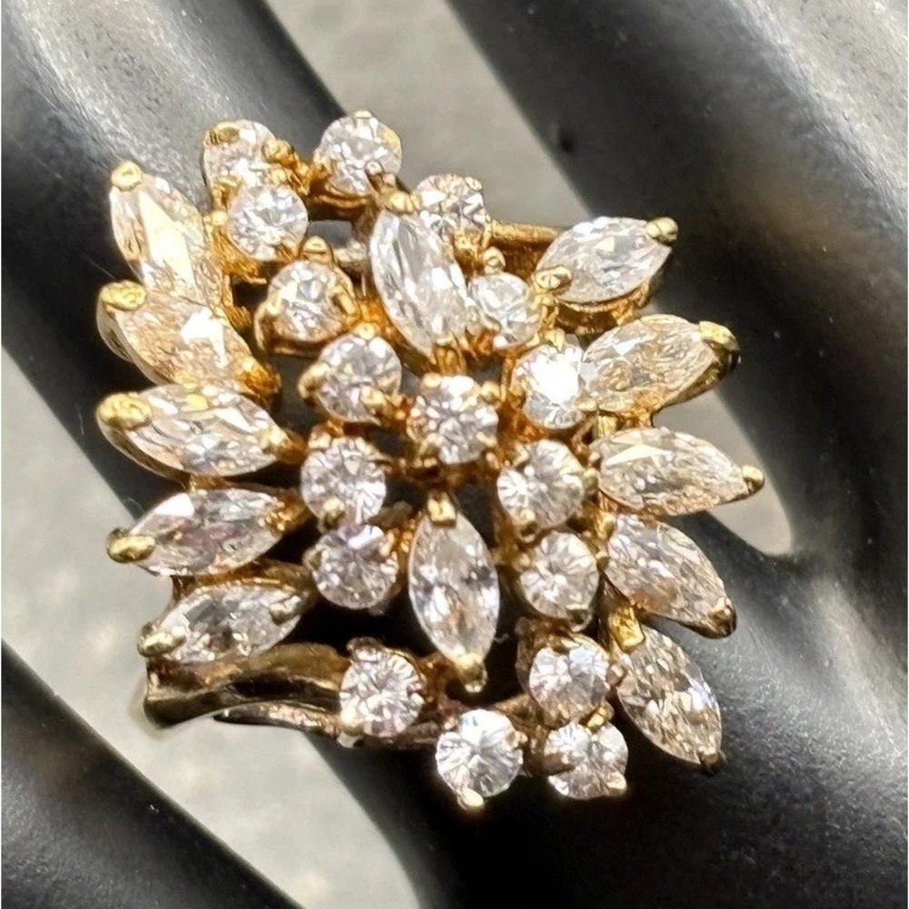 VTG 18K Gold Plated Huge Cubic Zirconia Cluster Statement Cocktail Ring Sz 6.5